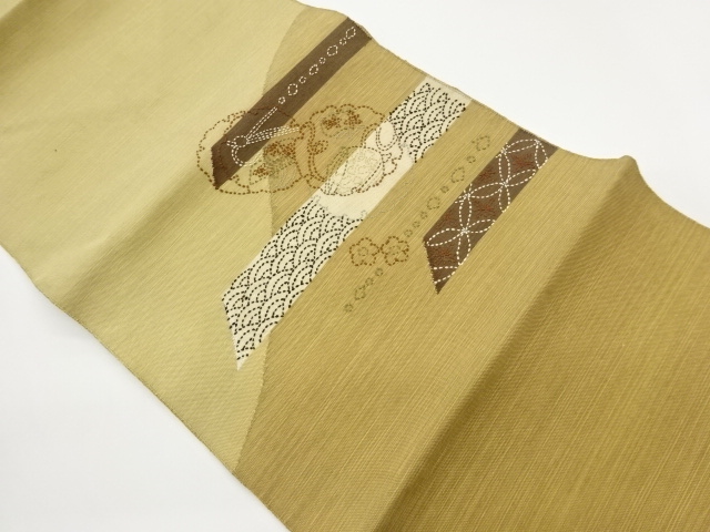 刺し子変わり横段に雪輪・古典柄・花模様名古屋帯